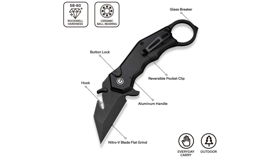 CIVIVI Amaroq Flipper &amp; Thumb Stud &amp; Button Lock Knife Black Aluminum Handle 2.11inch Black Stonewashed Nitro-v Blade