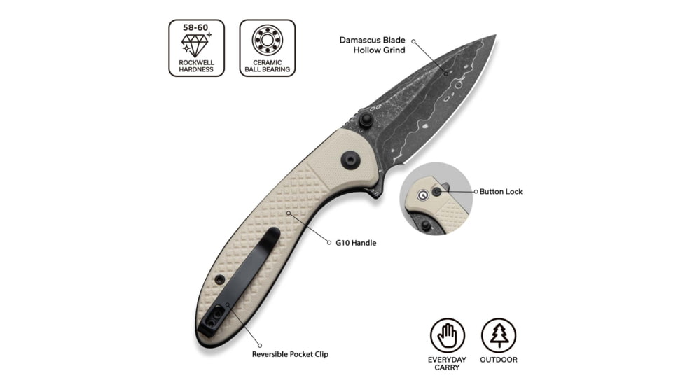 CIVIVI Faeger Flipper &amp; Thumb Stud &amp; Button Lock Knife Milled Ivory G10 Handle