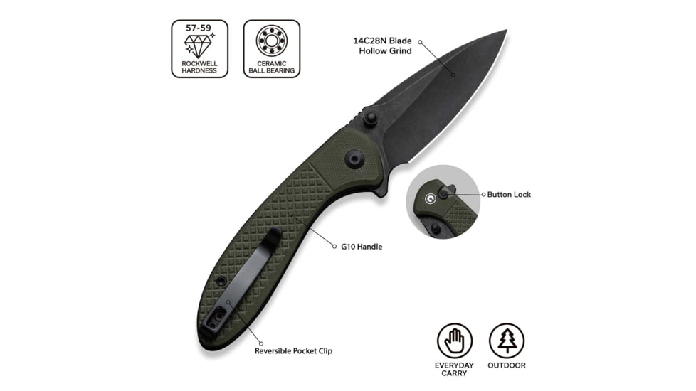 CIVIVI Faeger Flipper &amp; Thumb Stud &amp; Button Lock Knife Milled Od Green G10 Handle