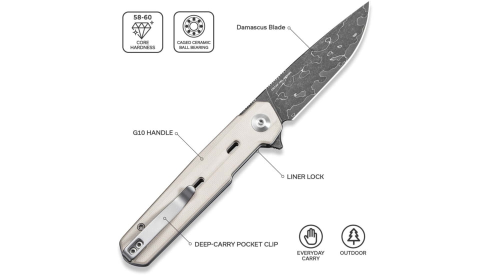 CIVIVI Navo Flipper Knife Ivory G10 Handle 3.25inch Damascus Blade