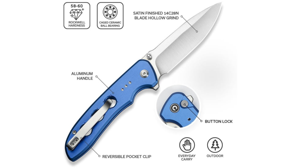 CIVIVI Hyperpulse Flipper &amp; Thumb Stud &amp; Button Lock Knife Aluminum Handle 3.5inch 14c28n Blade C23087a-2 - C23087A-2