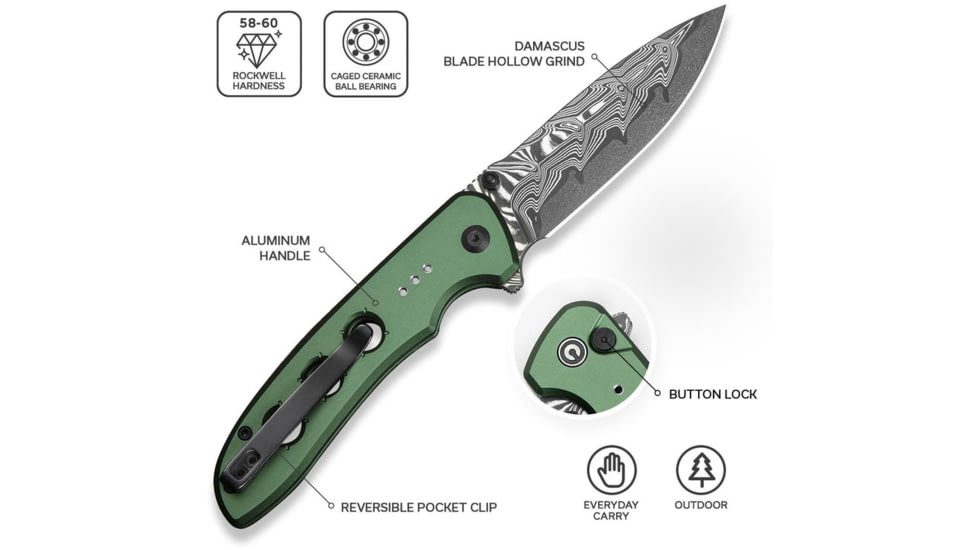 CIVIVI Hyperpulse Flipper &amp; Thumb Stud &amp; Button Lock Knife Aluminum Handle 3.5inch Damascus Blade C23087a-ds1 - C23087A-DS1