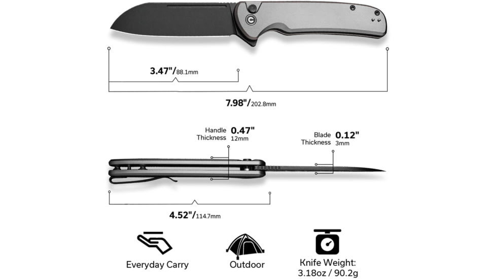 CIVIVI Chevalier Folding Knife, 3.4in, Carbon Steel, Sheepsfoot Blade, Aluminum Gray Handle, C20022B3