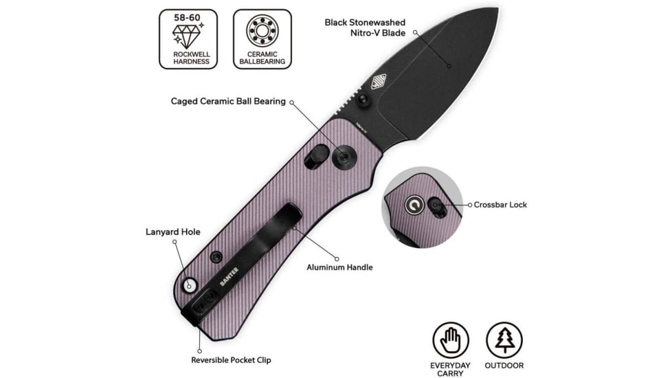 Civivi Knives Baby Banter 2 2.34: Folding Drop Point Plain Black Stonewashed Nitro-V Steel Blade, Purple Textured Aluminum Handle,C23074-2