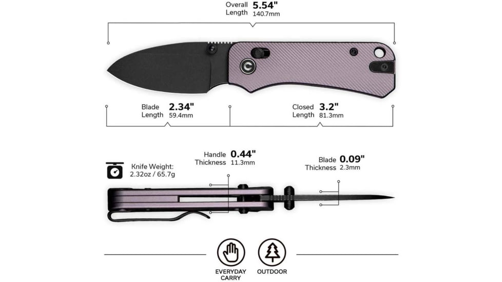Civivi Knives Baby Banter 2 2.34: Folding Drop Point Plain Black Stonewashed Nitro-V Steel Blade, Purple Textured Aluminum Handle,C23074-2