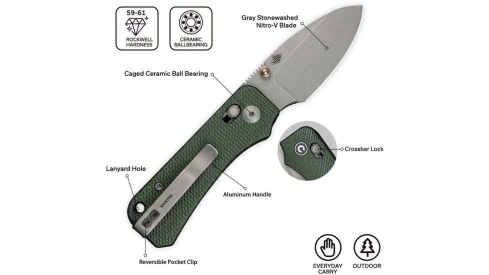 Civivi Knives Baby Banter 2 2.34 Folding Drop Point Plain Gray Stonewashed Nitro-V Steel Blade, Green Textured Canvas Micarta Handle,C23074-3