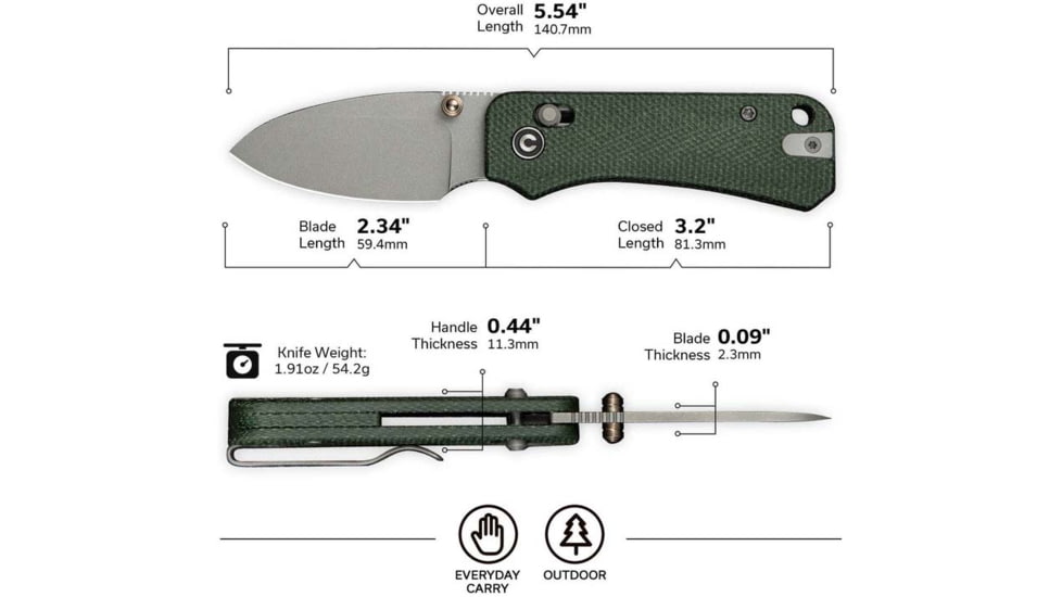 Civivi Knives Baby Banter 2 2.34 Folding Drop Point Plain Gray Stonewashed Nitro-V Steel Blade, Green Textured Canvas Micarta Handle,C23074-3