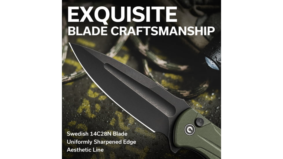 Civivi Knives Incindie 3.48 Folding Spear Point Plain Black Stonewashed 14C28N Steel Blade, OD Green Textured G10 Handle,C23053-2