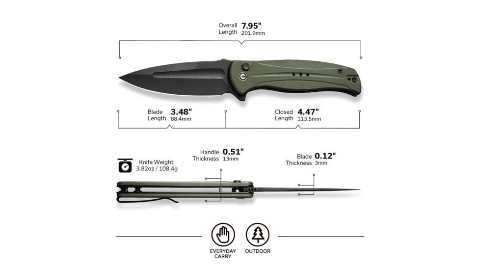 Civivi Knives Incindie 3.48 Folding Spear Point Plain Black Stonewashed 14C28N Steel Blade, OD Green Textured G10 Handle,C23053-2