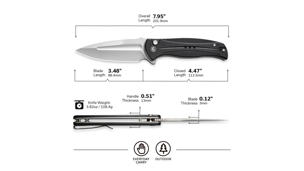 Civivi Knives Incindie 3.48 Folding Spear Point Plain Stonewashed 14C28N Steel Blade, Black Textured G10 Handle,C23053-3