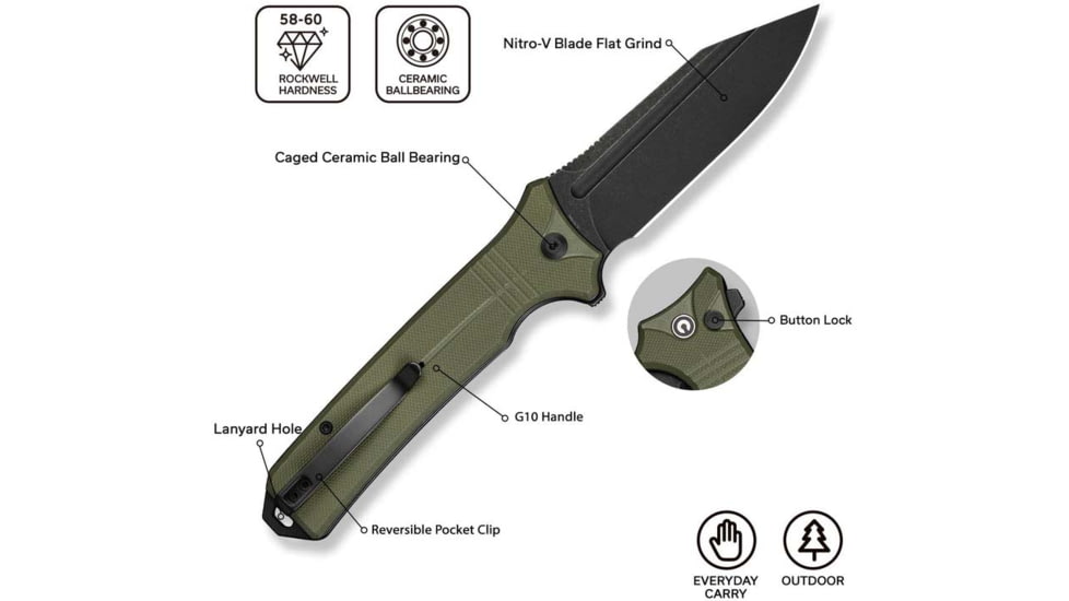 Civivi Knives Neurohaptic EDC 3.74 Folding Clip Point Plain Black Stonewashed Nitro-V Steel Blade, OD Green Textured G10 Handle,C23080-3
