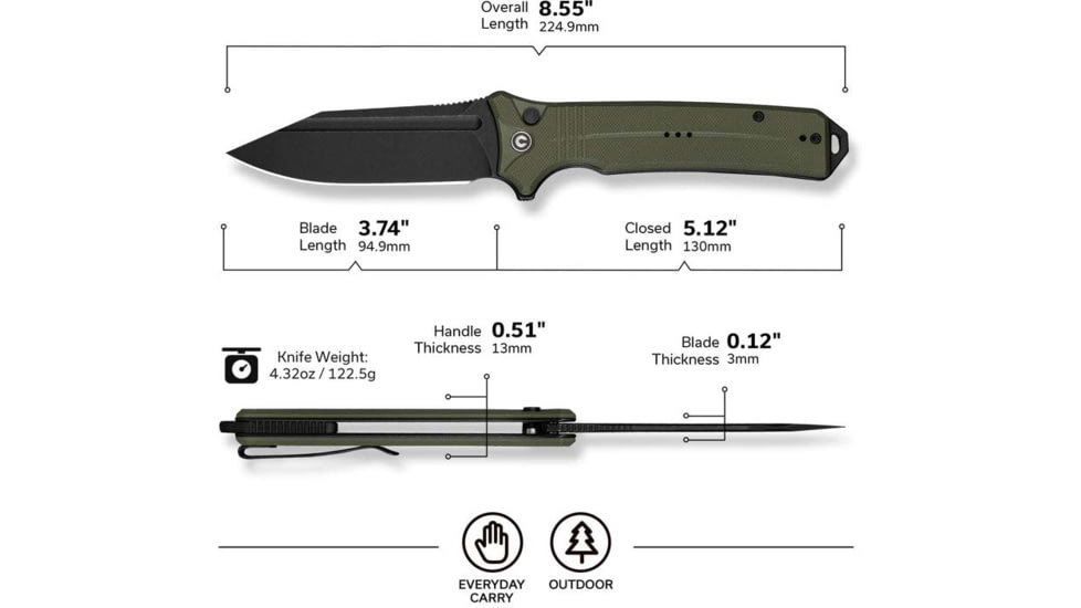 Civivi Knives Neurohaptic EDC 3.74 Folding Clip Point Plain Black Stonewashed Nitro-V Steel Blade, OD Green Textured G10 Handle,C23080-3