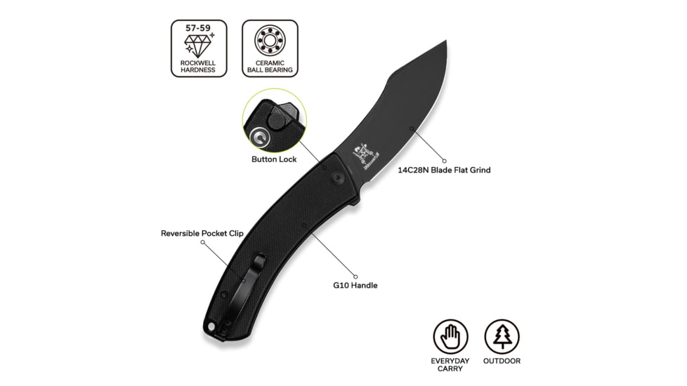 CIVIVI Outlaw Muk Flipper &amp; Button Lock Knife Black G10 Handle 3.47inch Black Stonewashed 14c28n Blade