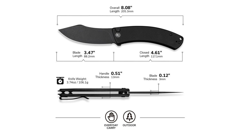 CIVIVI Outlaw Muk Flipper Folding Knife, 3.47in, 14C28N, Nessmuk Blade, G10 Black Handle, C24079-1