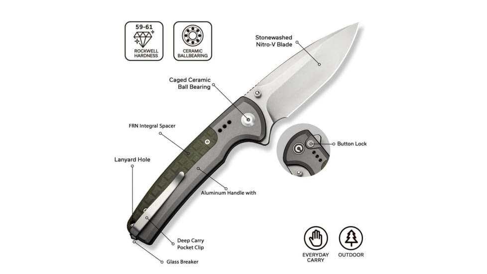 CIVIVI Sentinel Strike Ii Flipper &amp; Thumb Stud &amp; Button Lock Knife Gray Aluminum Handle With Od Green Frn Integral Spacer - C22025D-2