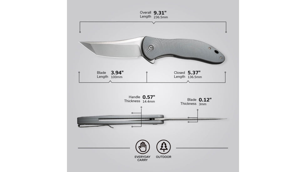 CIVIVI Synergy4 Gray Folding Knife, 5.38in Closed, 4in Satin Nitro V Steel Tanto Blade, Gray Sculpted G10 Handle, Nylon Case, C21018B-2