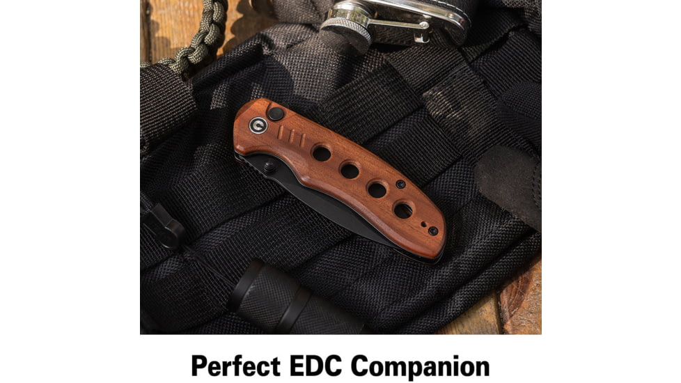 CIVIVI Triptych Flipper &amp; Thumb Stud &amp; Button Lock Knife Guibourtia Wood Handle 2.97inch Black Stonewashed 14c28n Blade - C23085B-3