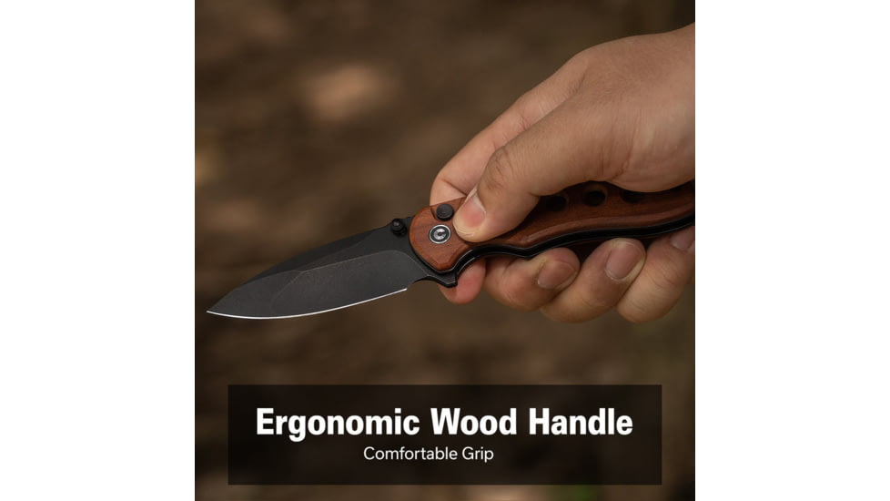 CIVIVI Triptych Flipper &amp; Thumb Stud &amp; Button Lock Knife Guibourtia Wood Handle 2.97inch Black Stonewashed 14c28n Blade - C23085B-3