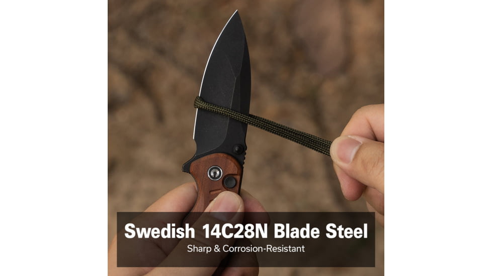 CIVIVI Triptych Flipper &amp; Thumb Stud &amp; Button Lock Knife Guibourtia Wood Handle 2.97inch Black Stonewashed 14c28n Blade - C23085B-3
