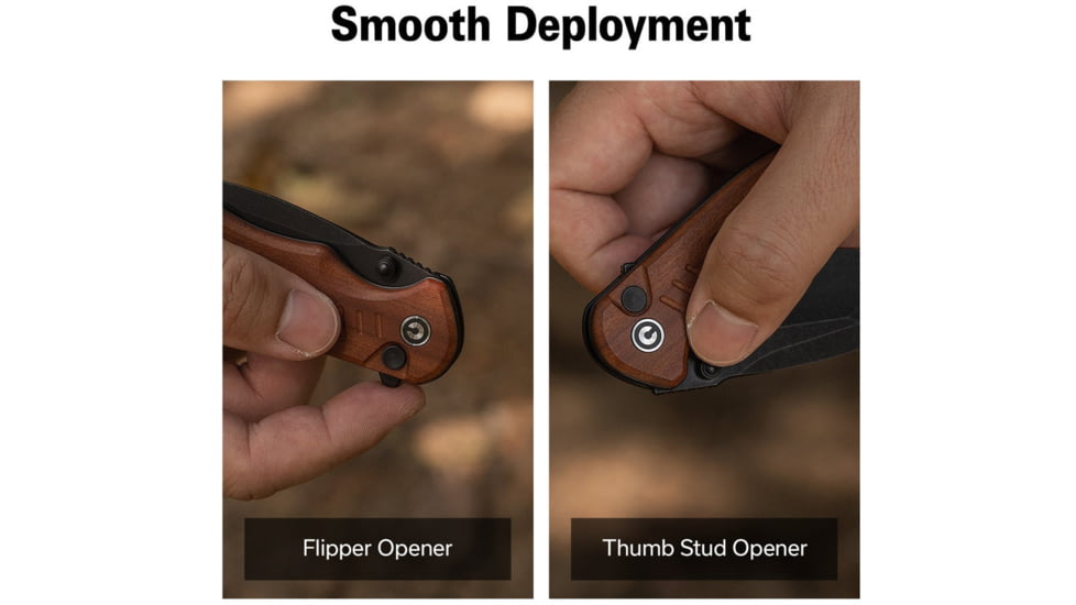 CIVIVI Triptych Flipper &amp; Thumb Stud &amp; Button Lock Knife Guibourtia Wood Handle 2.97inch Black Stonewashed 14c28n Blade - C23085B-3