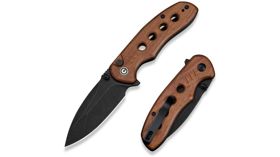 CIVIVI Triptych Flipper &amp; Thumb Stud &amp; Button Lock Knife Guibourtia Wood Handle 2.97inch Black Stonewashed 14c28n Blade - C23085B-3