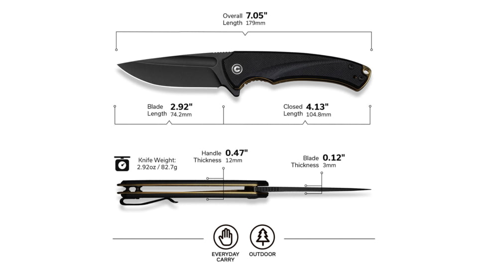 CIVIVI Voidflare Folding Knife, 2.92 in, 14C28N, Drop Point Blade, Black G10 Handle, C24040-1