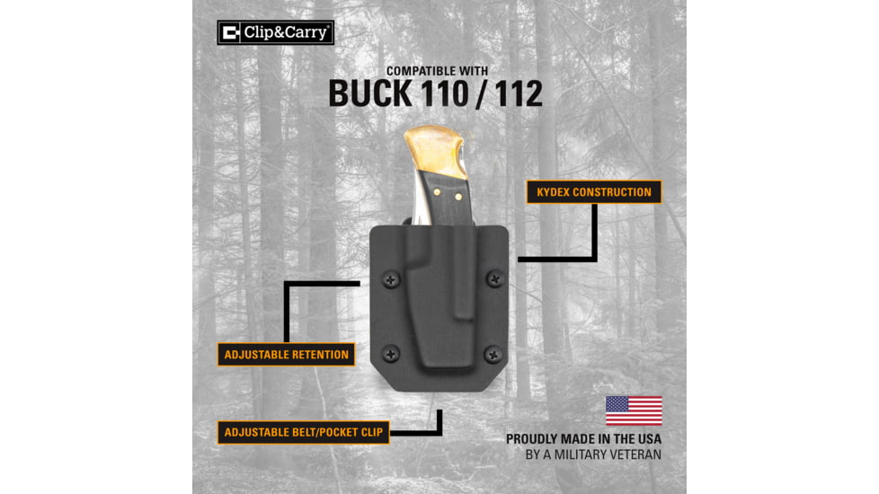 Clip &amp; Carry Kydex Sheath for the Buck 110/112 Folding Knife, Black, BUCK110-112-BLK