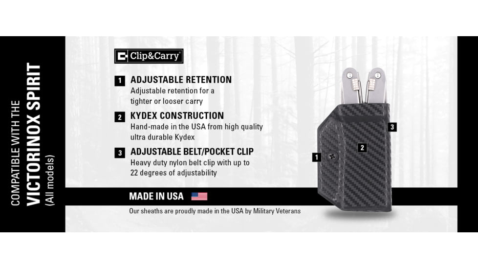 Clip &amp; Carry Kydex Sheath for the Victorinox SPIRIT, Carbon Fiber Black, VSPIRIT-CF-BLK