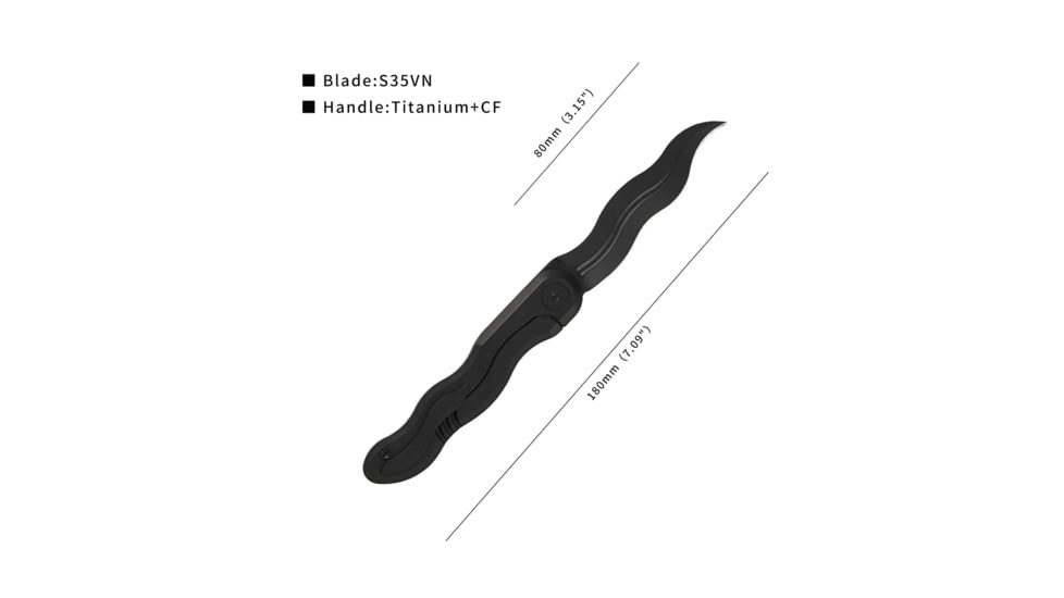 CMB Made Knives Kawanonagare Black Curved Folding Knife, 4.13in Closed, 3.13in Black Stonewash S35VN Curved Blade, Black Stonewash Titanium Handle, Nylon Case, CMB13BC