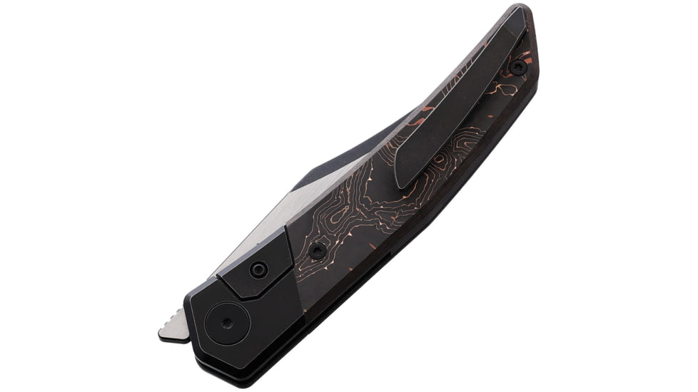 CMB Made Knives Zetsu Folding Knife w/ Copper Swirl, 4.5in Closed, 3.5in Black Stonewash/Satin Bohler M390 Stainless Curved Blade, Carbon Fiber Handle w/ Copper Swirl, Nylon Sheath, CMB09C