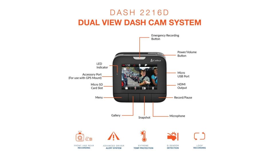 Cobra Dual View Dash Cam w/ Driver Alert System, Black, DASH2216D
