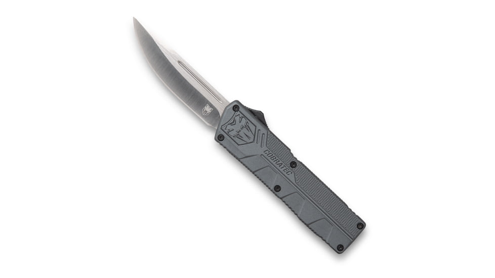CobraTec Knives Lightweight OTF Automatic Folding Knives, 3.25in, D2 Steel, Drop Non-Serrated, Grey Handle, GYCTLWDNS
