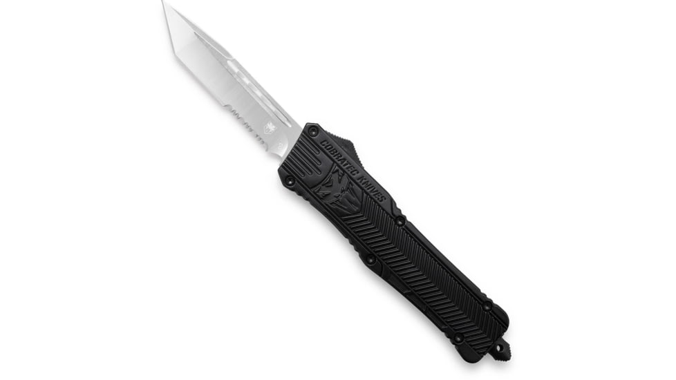 CobraTec Knives Large CTK-1 OTF Automatic Folding Knife, 3.75in, D2 Steel, Tanto Blade, Partially Serrated, Aluminum Alloy, Black Handle, LBCTK-1LTS