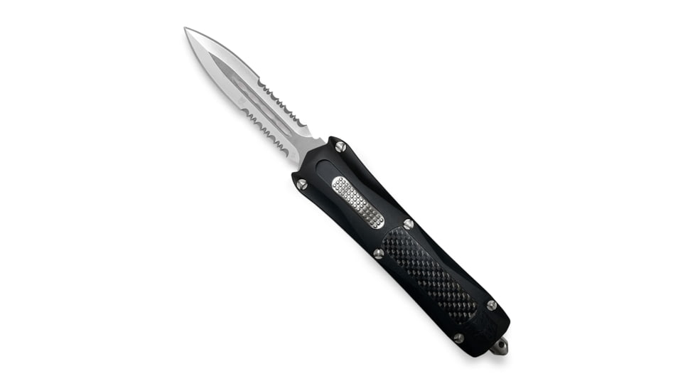 CobraTec Knives King Cobra Automatic Folding Knife, 4 in, D2 Steel Blade, Dagger Serrated Blade, Black Anodized Aluminum w/Carbon Fiber Inlay Handle, BLKKCDAG2SS