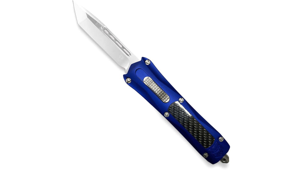 CobraTec Knives King Cobra Automatic Folding Knife, 4 in, D2 Steel Blade, Tanto Plain Blade, Blue Anodized Aluminum w/Carbon Fiber Inlay Handle, BLUKCTNS