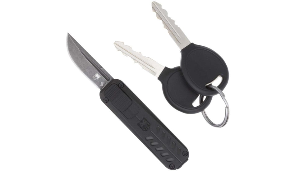 CobraTec Knives California 928SB OTF Knife, 1.75in, D2 Steel Blade, Drop Point Plain Blade, Black Anodized Aluminum Handle, CALI928SBBLKDNS