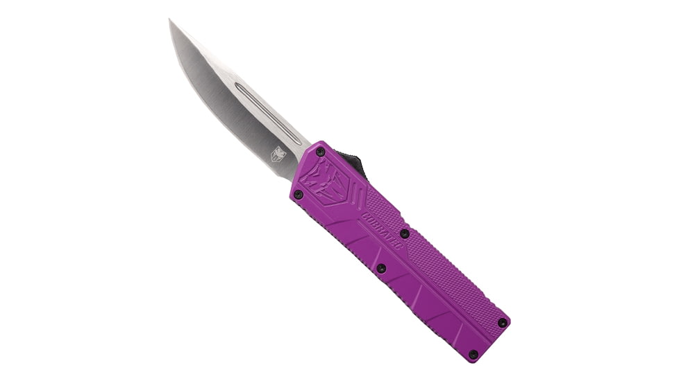 CobraTec Knives Lightweight OTF Automatic Folding Knives, 3.25in, D2 Steel, Drop Not Serrated, Purple Handle, PURCTLWDNS
