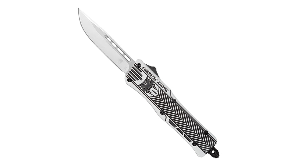 CobraTec Knives CTK-1 Medium OTF Automatic Folding Knife, 3in, D2 Steel, Drop Not Serrated, Arctic White w/ Graphite Black, MAWGBCTK1MDNS