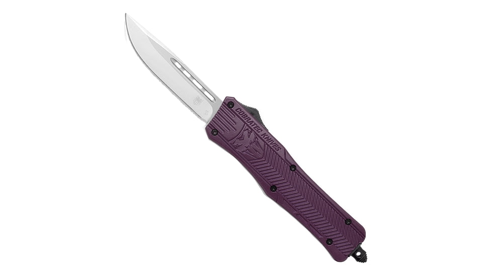 CobraTec Knives CTK-1 Medium OTF Automatic Folding Knife, 3in, D2 Steel, Drop Not Serrated, Aluminum Alloy Plum Handle, MPLMCTK1MDNS