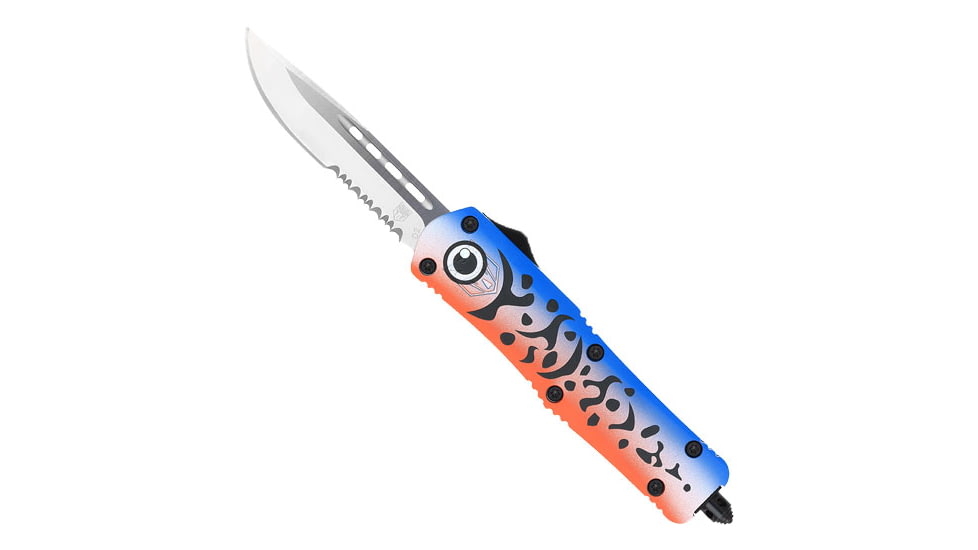 CobraTec Knives FS-3 Medium OTF Automatic Folding Knives, 3in, D2 Steel, Drop Serrated Blade, Cerakote/Lure Blue Handle, MFLBLUFS-3DS