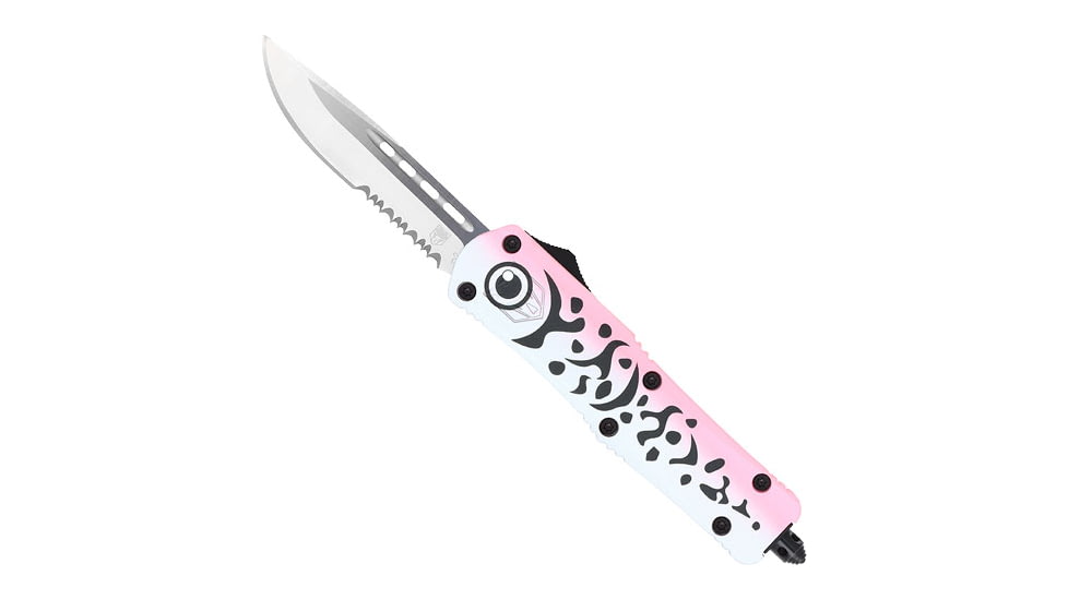 CobraTec Knives FS-3 Medium OTF Automatic Folding Knives, 3in, D2 Steel, Drop Point Serrated Blade, Pink Aluminum Handle, MFLPKFS3DS