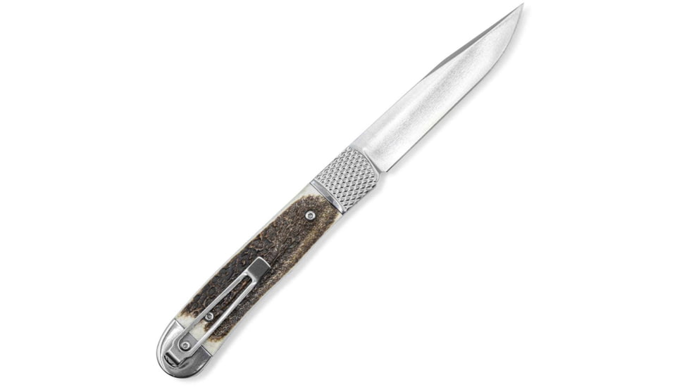 CobraTec Knives Trapper Hidden Release Automatic Folding Knife, 3.12 in, Satin D2 Steel, Drop Point Plain Blade, Stag, Stag Handle, CTTHRSTG