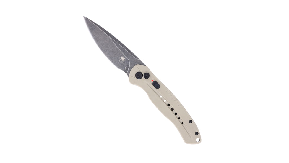CobraTec Knives Diablo Side Button Auto Folding Knive, 3.5in, D2 Stonewash Steel, Drop Blade, Tan, TANDIABLOAUTO