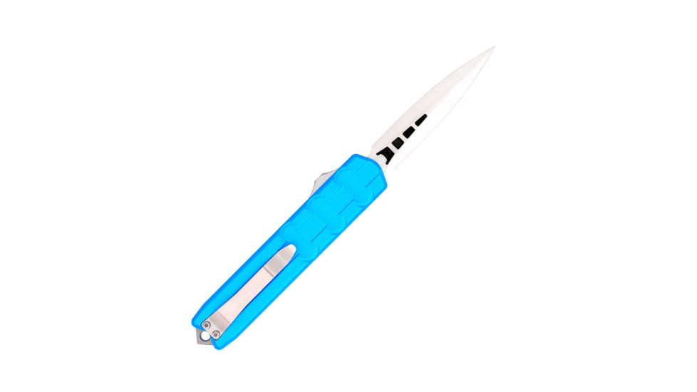 CobraTec Knives Large Enforcer OTF Knife, 3.25in, M390 Steel, Dagger Non-Serrated, Blue Handle, CTEBLUM390DAGNS