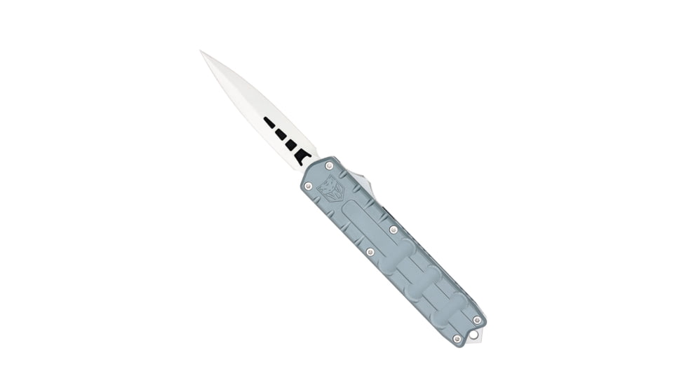 CobraTec Knives Large Enforcer OTF Knife, 3.25in, M390 Steel, Dagger Non-Serrated, Grey Handle, CTEGRYM390DAGNS