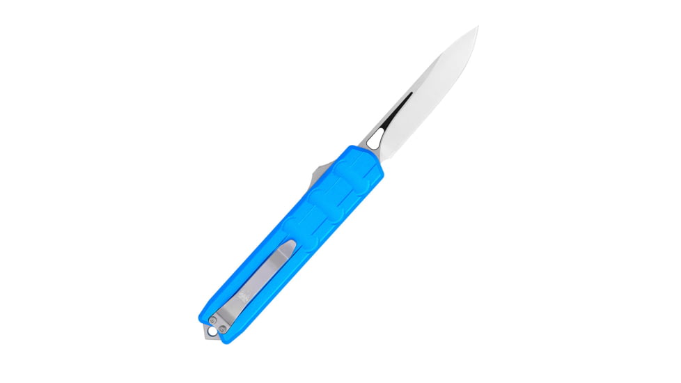 CobraTec Knives Large Enforcer OTF Knife, 3.25in, M390 Steel, Drop Non-Serrated, Blue Handle, CTEBLUM390DNS
