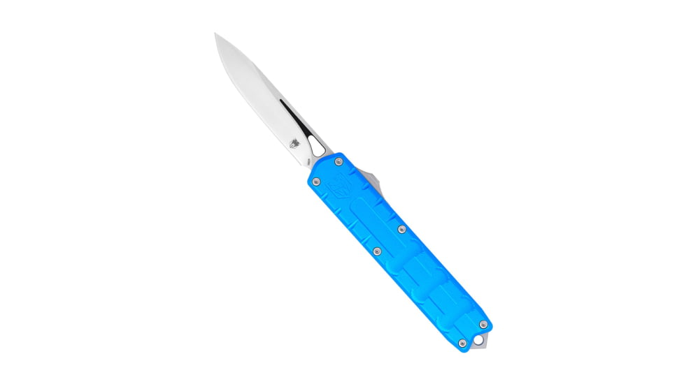 CobraTec Knives Large Enforcer OTF Knife, 3.25in, M390 Steel, Drop Non-Serrated, Blue Handle, CTEBLUM390DNS