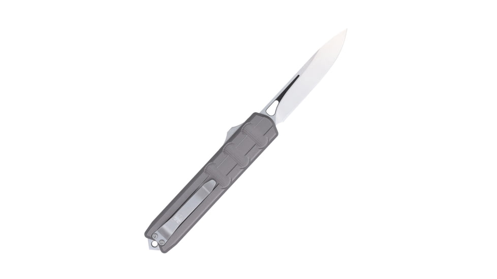CobraTec Knives Large Enforcer OTF Knife, 3.25in, M390 Steel, Steel, Drop Non-Serrated, Grey Handle, CTEGRYM390DNS