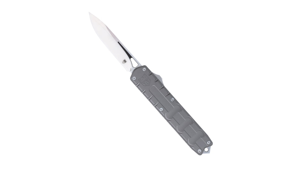 CobraTec Knives Large Enforcer OTF Knife, 3.25in, M390 Steel, Steel, Drop Non-Serrated, Grey Handle, CTEGRYM390DNS