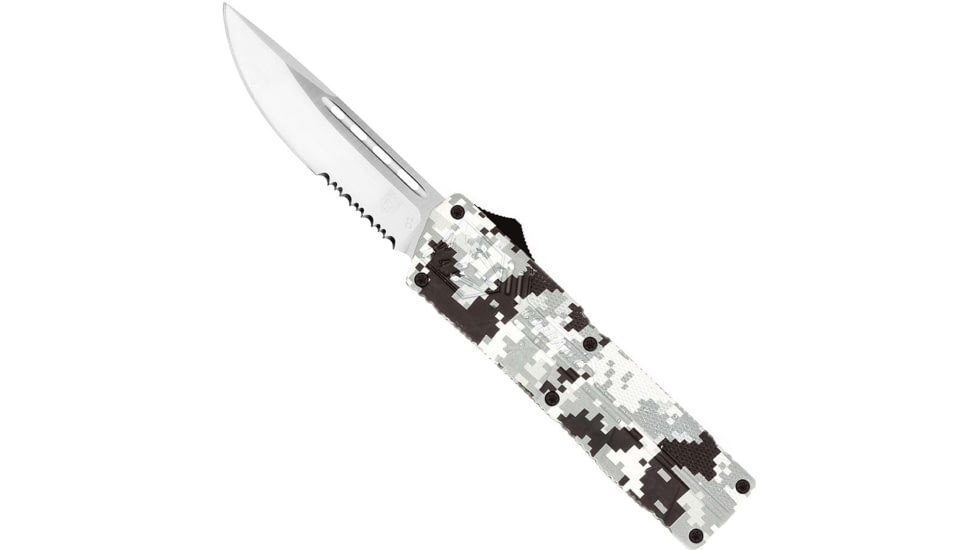 CobraTec Knives Lightweight OTF Automatic Folding Knives, 3.25in, D2 Steel, Drop Serrated Blade, Winter Digi Camo Aluminum Handle, WDCCTLWDS